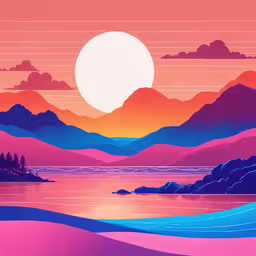 a very colorful painting of mountains with lake and trees,a painting of sunset over a lake with mountains in the background