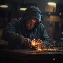 a man is wearing a hooded jacket and holding sparks