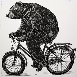 an image of a bear riding a bike,the bear on the bike is looking at something