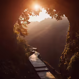 a path near a cliff is lined with benches and a view of the sun