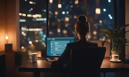 woman sitting at a computer desk in an office setting looking out at the city lights