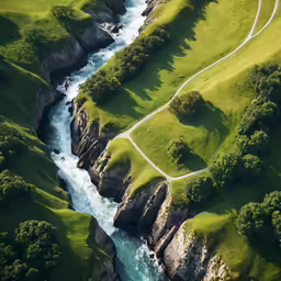a river that flows between two rocky hills