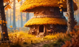 an illustration of a small house in the woods,a tree house with moss on it in the woods