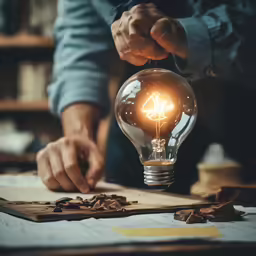 a man holding his light bulb in a wooden box