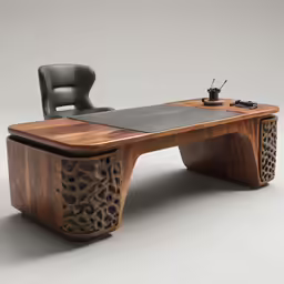 an office desk with a black chair on the front