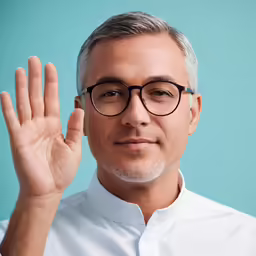 a man in glasses holding his hand up to the air