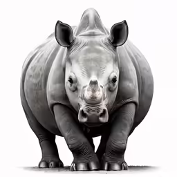 an adorable rhinoceros looks at the camera, with a white background