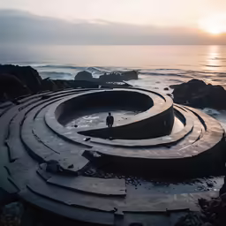 someone standing in the middle of a curved concrete circle