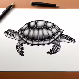 a turtle on paper next to a pen and two markers