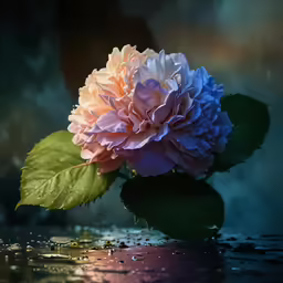 a large purple flower sitting on top of a wet surface
