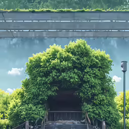 green plants grow on a metal guardrail above the concrete staircase