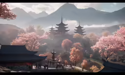 the view of an oriental landscape with mountains and sky