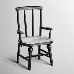 a wooden chair with two black legs, sitting in the middle of a room