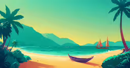 boat docked in beach with mountains and sea,an ocean scene with palm trees and a boat