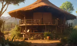a bamboo hut with a wooden deck and a thatched roof,a small thatch roofed building in a lush green field