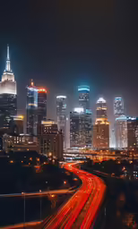 this is a city at night with skyscrapers