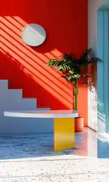 an orange and white wall with a plant in the middle