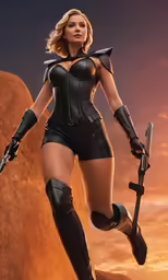 a woman in costume standing with a gun
