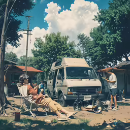 some people on the side of a road with a van in the background