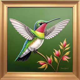 a painting of a hummingbird perched on a flower,a painting of a hummingbird on a branch,a painting of a colorful hummingbird with open wings,a colorful hummingbird with a flower and green background,a bird with a hummingbird on it sitting on a flower
