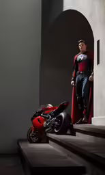 a male in a cape is standing beside his motorcycle