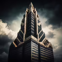 two tall buildings stand side by side under a dark sky