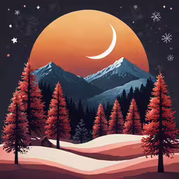 a mountain landscape with trees and mountains in the background,a snow covered hillside with trees and a moon
