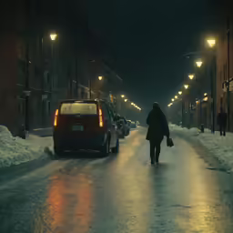 a person with an umbrella walking down the street in the snow