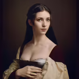 woman in renaissance costume looking at camera, half - length