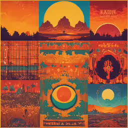 a poster with a sunset over a mountain and an airplane,various landscape images including mountains and trees