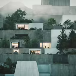 the building has many windows that are lit by light