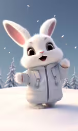 white rabbit in snowsuit standing up with mouth open,a small white bunny with big eyes standing in the snow