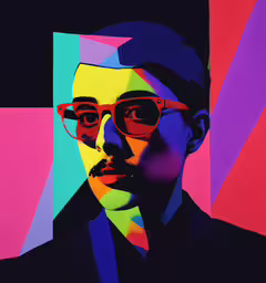 a painting of a person in a suit and tie,a person wearing glasses and in front of a multi - colored background