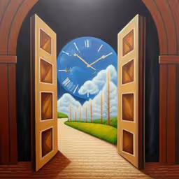 a picture of an open door with a picture of an outside view,painting with an open door leading to a view