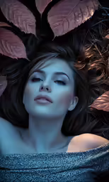 a beautiful woman laying down on the ground in front of leaves