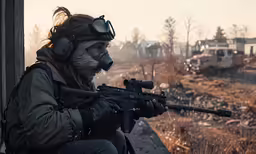 the soldier is holding his rifle near a truck