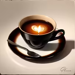 a dark colored cup of hot chocolate with heart drawn on top