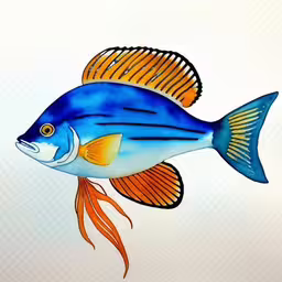 an image of a blue fish on white background,a small fish painted on a white background,an orange and blue fish with a yellow stripe on the side of it,this is a colorful fish with some orange and blue stripes,a large blue and yellow fish with a yellow tail
