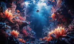 a painting of an outdoor environment with lots of flowers