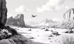 a bird flies over a mountain landscape with sparse grass