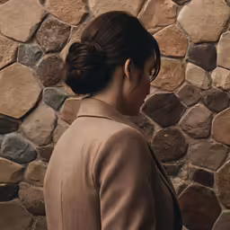 an image of woman staring away from stone wall