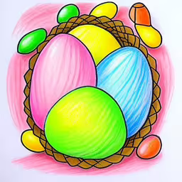 a painting of colored eggs and sweets in a basket,colored eggs in a nest drawing on a paper