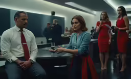 two people dressed up sitting at a table in a conference room