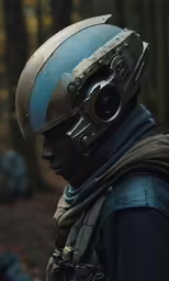 a person wearing a helmet and headphones in the woods