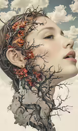 the woman is looking to her left, while a tree branch has fallen
