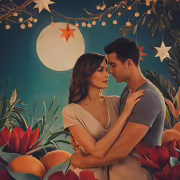 a man and woman looking into each others eyes and hugging