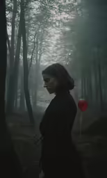 a woman with a red balloon on her head