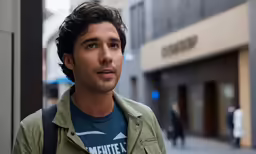 the man with long dark hair is standing in front of the building