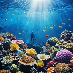 an underwater scene showing coral reefs, fish and sunburst