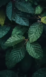 a tree with leaves covered by rain on it